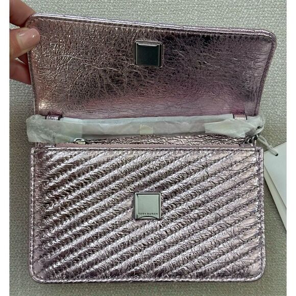 TORY BURCH MINI KIRA MOTO QUILT METALLIC TOP-HANDLE CROSSBODY, SPARKLE PINK - Picture 6 of 12